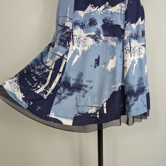 Graphic Print Mini Dress 4 Blue Knit Mesh French T Shirt Flare Blue Luc Fontaine - Picture 2 of 10